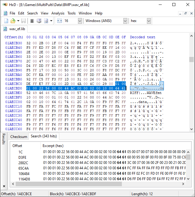 The first 18 bytes of the 75th entry in “wav_ef.mus” (selected). The extra
“RIFF WAVE” header is visible right after and is part of the same entry (the entry is 662166 bytes long).
