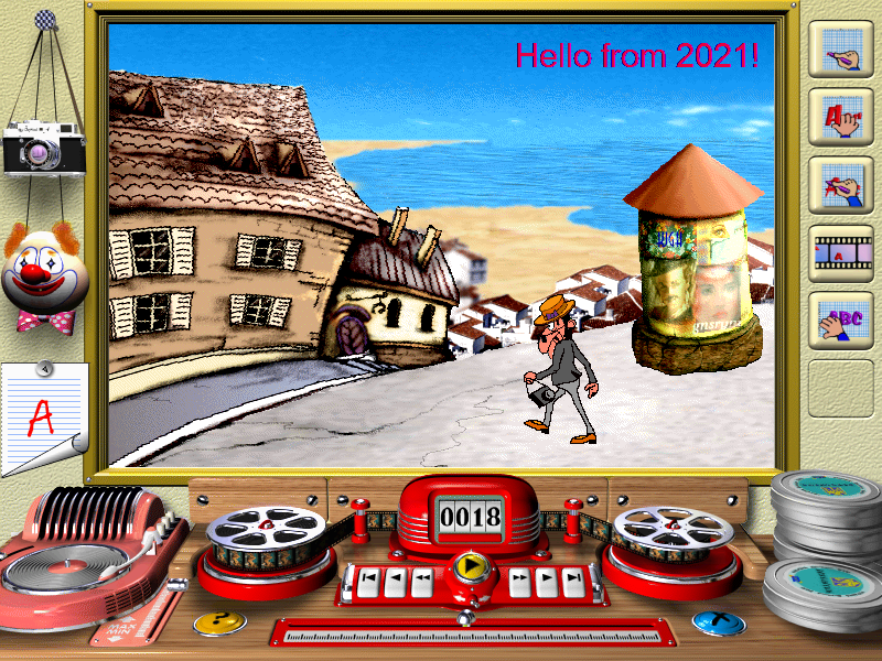 Main game screen, showing a canvas with a background, some text,
one character in motion, and a static object (the stand on the right).