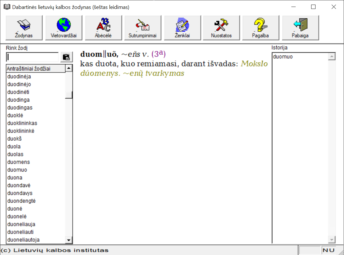 Dabartinės lietuvių kalbos žodynas Windows terpėje.